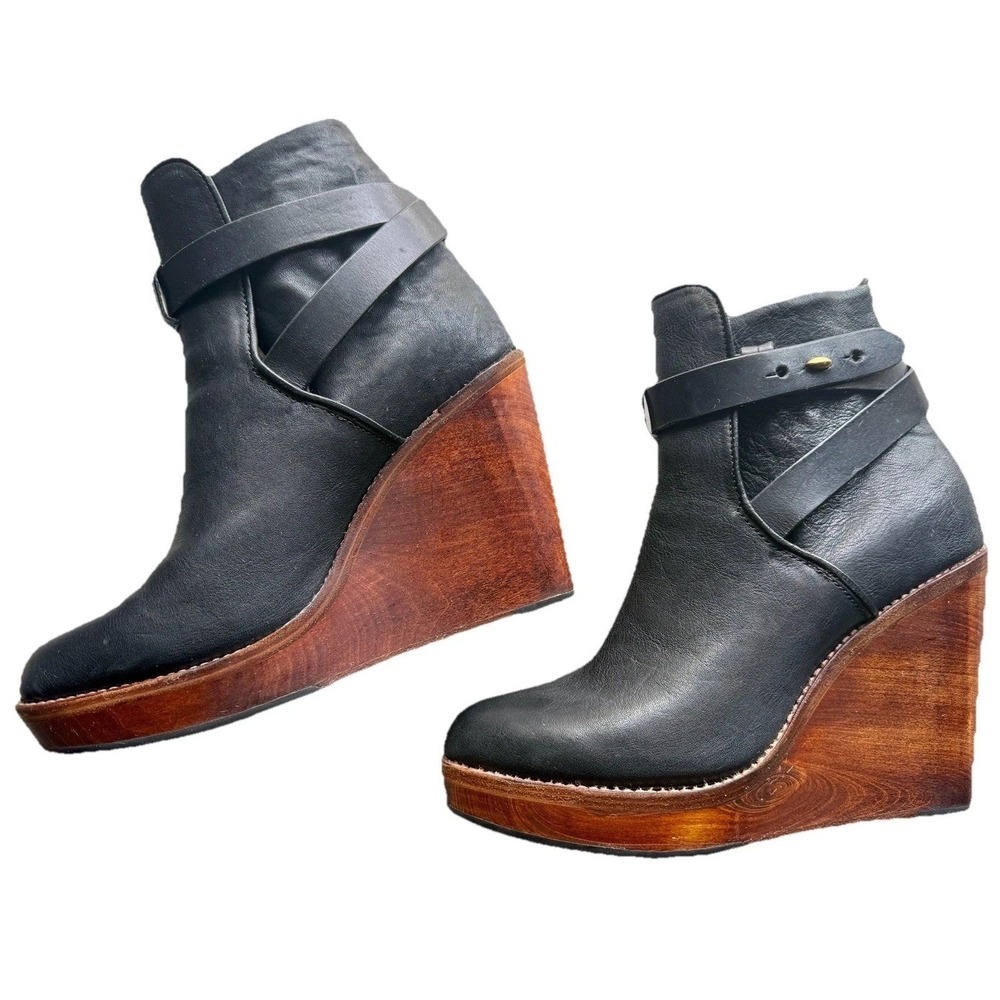 Rag & Bone Emery Leather Wedge Ankle Boots Black Size 39 9